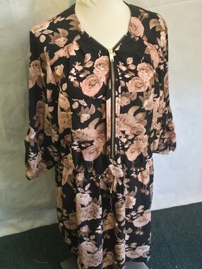 Black Floral Zip-Front Dress with Pink Roses